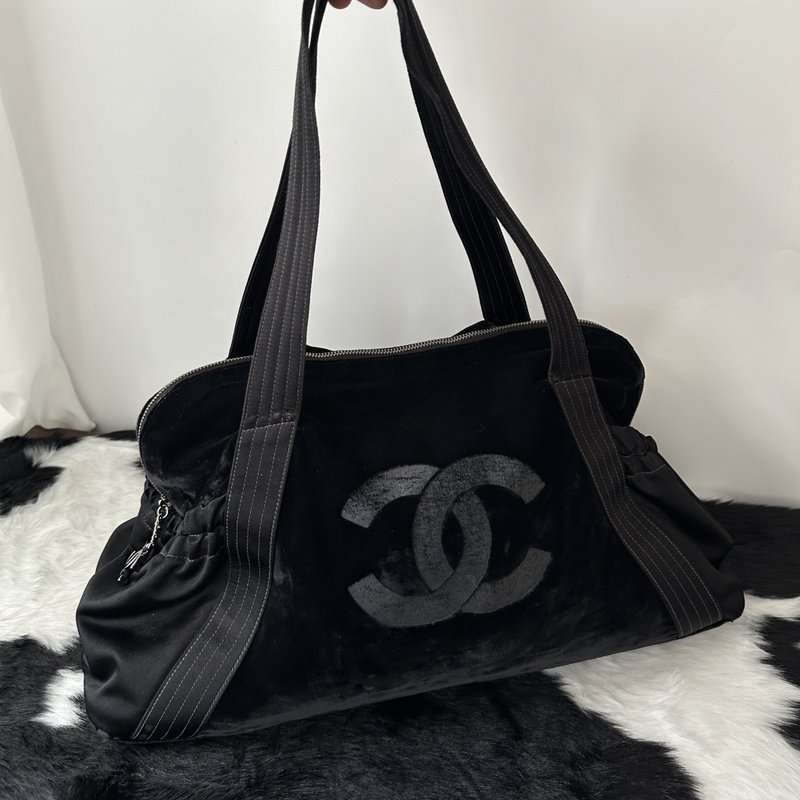 中古包 CHANEL 香奈兒 天鵝絨肩背包 - 側背包/斜背包 - 人造皮革 黑色