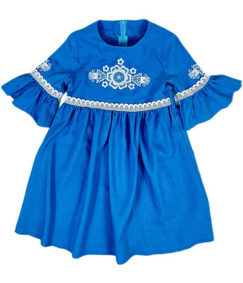 Kids embroidered linen dress for girls, Organic natural dress with ruffle sleeve - Kids' Dresses - Cotton & Hemp 