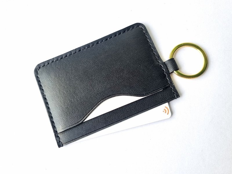 Black Access Card Holder in goatskin leather with gold key ring - 名片夾/名片盒 - 真皮 黑色