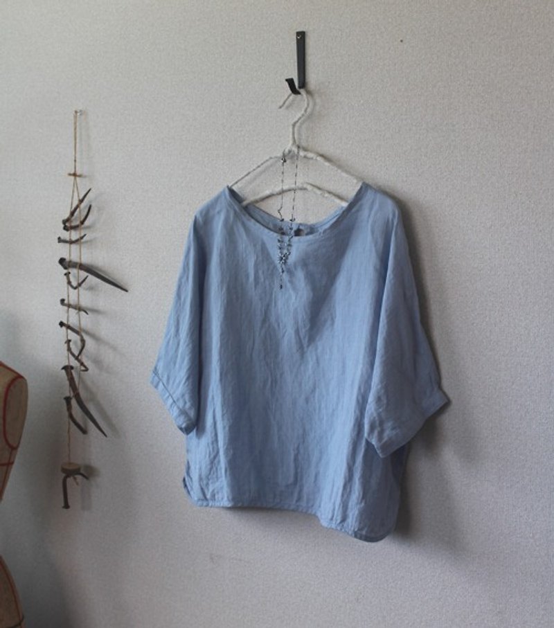 Lithuanian Linen pullover 3/4 sleeves / light blue [Made to order] - ชุดเดรส - ผ้าฝ้าย/ผ้าลินิน 