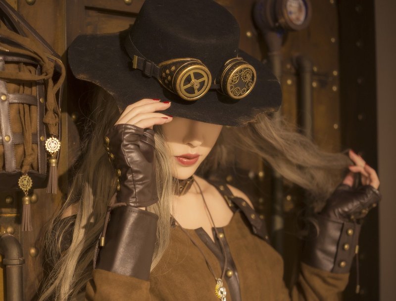 蒸汽朋克 steampunk 燙燒洞戰損 羊毛呢 做舊 黑色禮帽 牛仔帽 - 帽子 - 羊毛 黑色