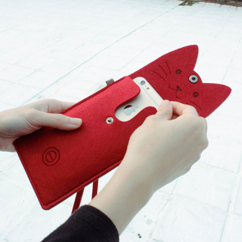 打開一隻貓-羊毛氈貓咪手機包/附頸帶- Ruby red 酒紅貓 - 手拿包 - 羊毛 紅色