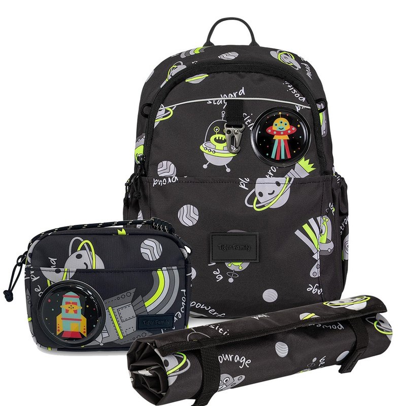 TigerFamily [Three-Piece Set] Children's Fun and Lightweight Casual Backpack (Small Size) - Sci-fi Universe - กระเป๋าเป้สะพายหลัง - วัสดุกันนำ้ สีดำ