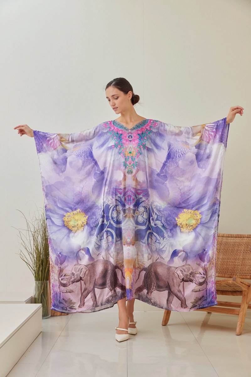 Elephant Purple Iris Silk Kaftan Maxi Dress, Floral Caftan Plus Size, Abstract - ชุดเดรส - ผ้าไหม สีม่วง