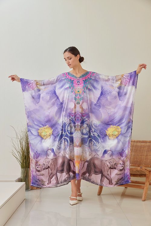 slowsundaynight Elephant Purple Iris Silk Kaftan Maxi Dress, Floral Caftan Plus Size, Abstract