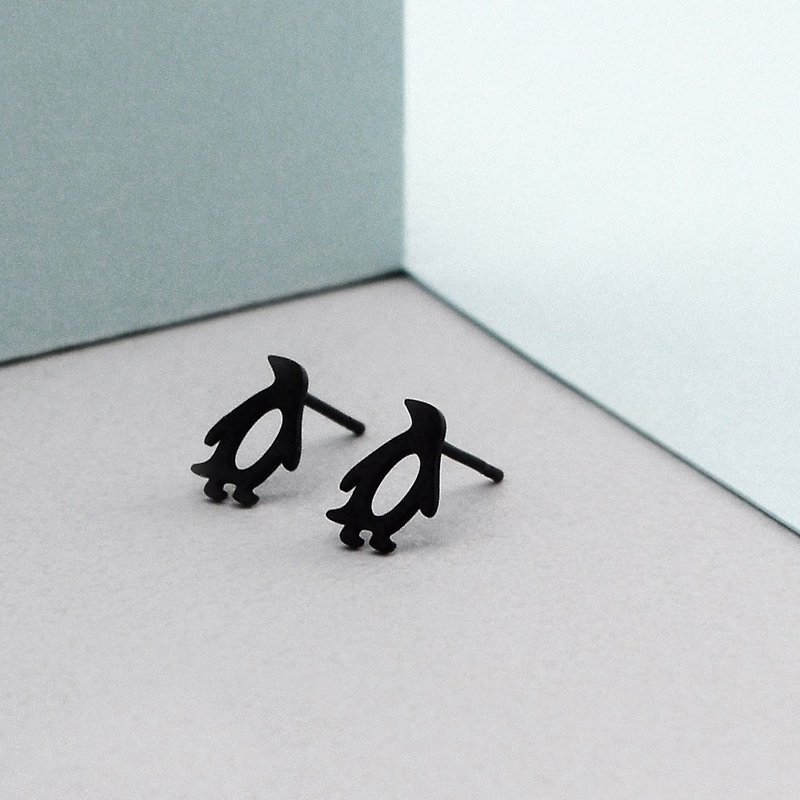 迷你小企鵝鋼耳環 - 黑色 - 耳環/耳夾 - 不鏽鋼 黑色
