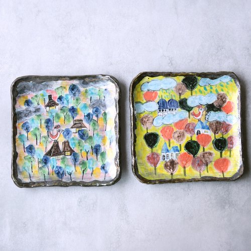 森の中の家と鳥（日本の里）・色絵四角皿 森の中の家と鳥（日本の里）・色絵四角皿