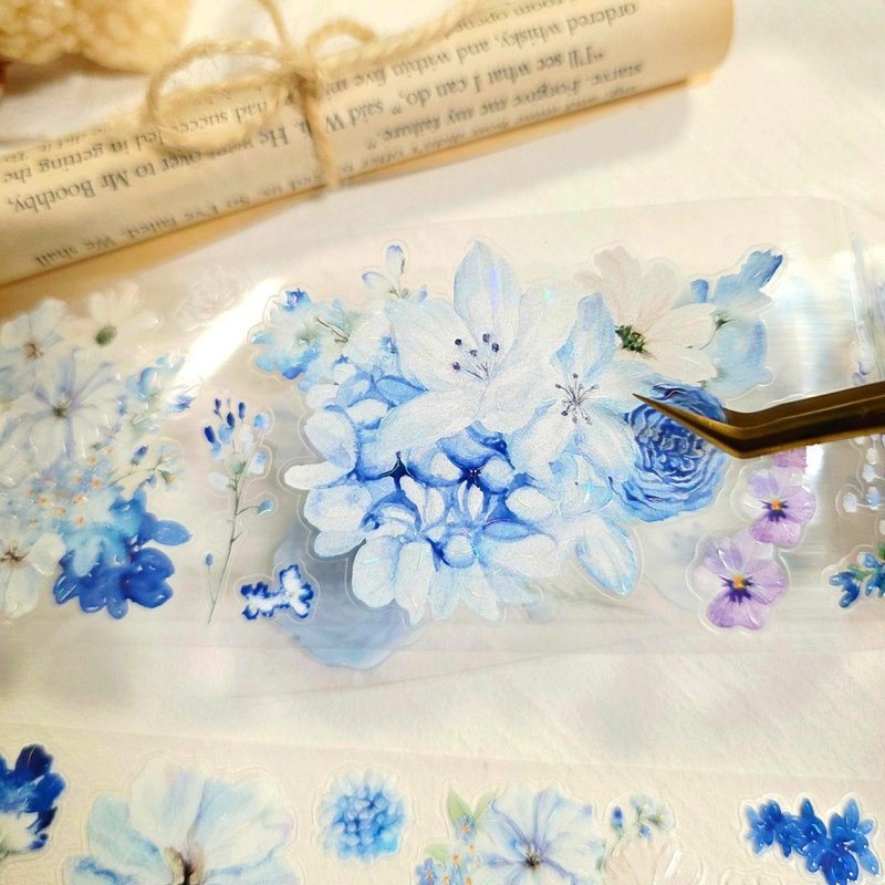 Pre-Cut Segment_LOPO Sky Blue Flower Iridescent Kiss-Cut Masking Tape 2m - 紙膠帶/和紙/PET - 其他材質 