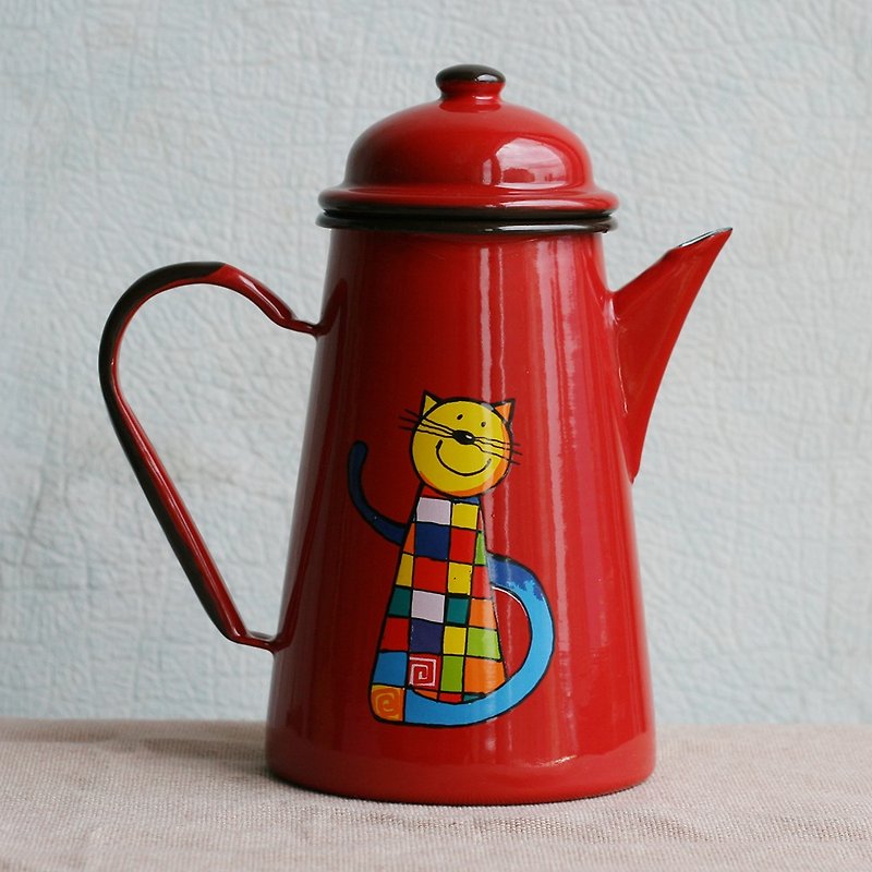 Smaltum布拉格 琺瑯咖啡壺 微笑藍尾貓 茄紅 (FDN000538) - 咖啡壺/咖啡器具 - 琺瑯 紅色