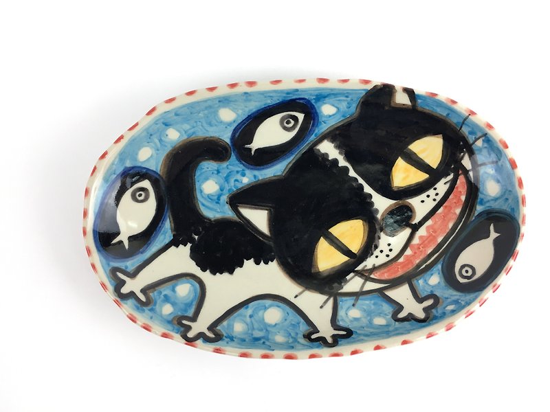 Nice Little Clay handmade blue plate _ smiling cat 42 - Small Plates & Saucers - Paper Green