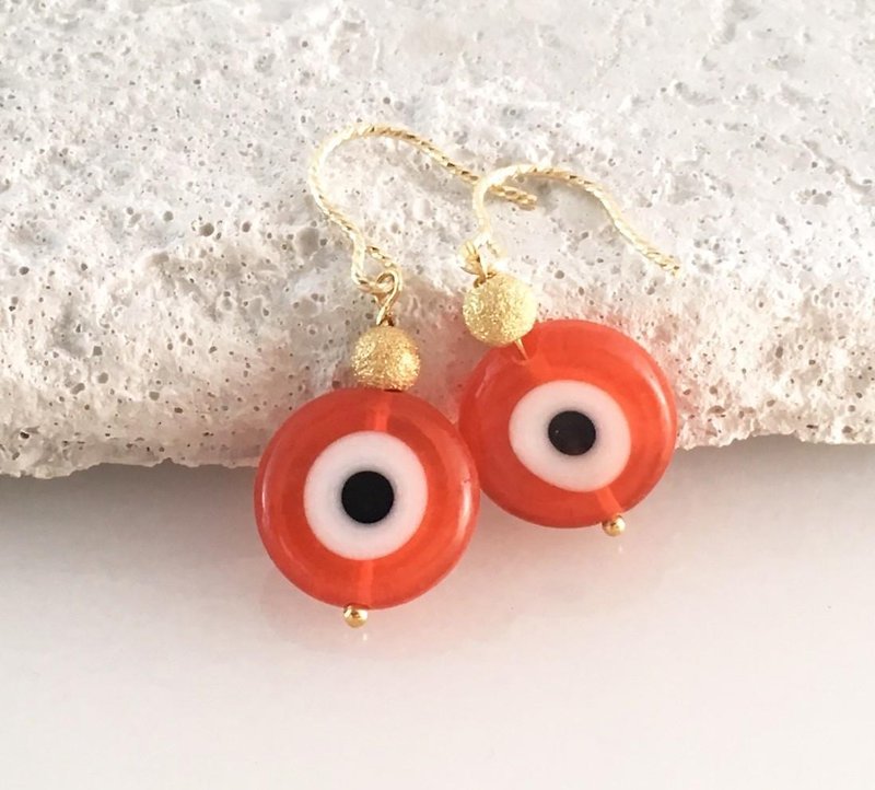 Evil Eye ◆ Evil Eye Amulet ◆ Orange Glass K14GF Earrings / Clip-On - ต่างหู - โลหะ สีทอง