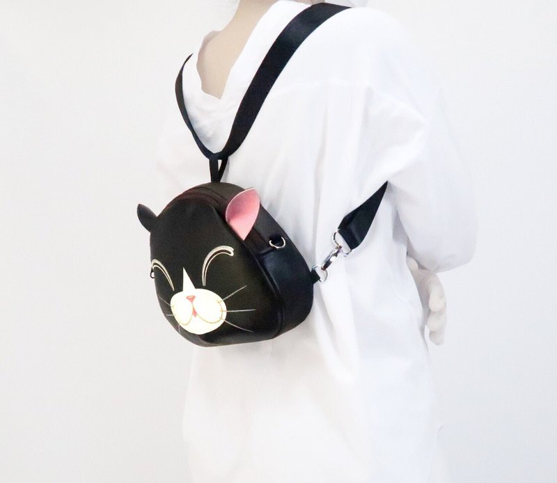 Black cat mini backpack ,cat crossbody bag,handmade backpack for animals lovers - Backpacks - Faux Leather Black