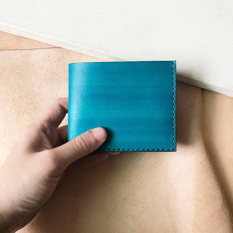 Leather short clip _ 4 card layers _ 2 banknote layers _ Lyon blue with gray blue - Wallets - Genuine Leather Blue