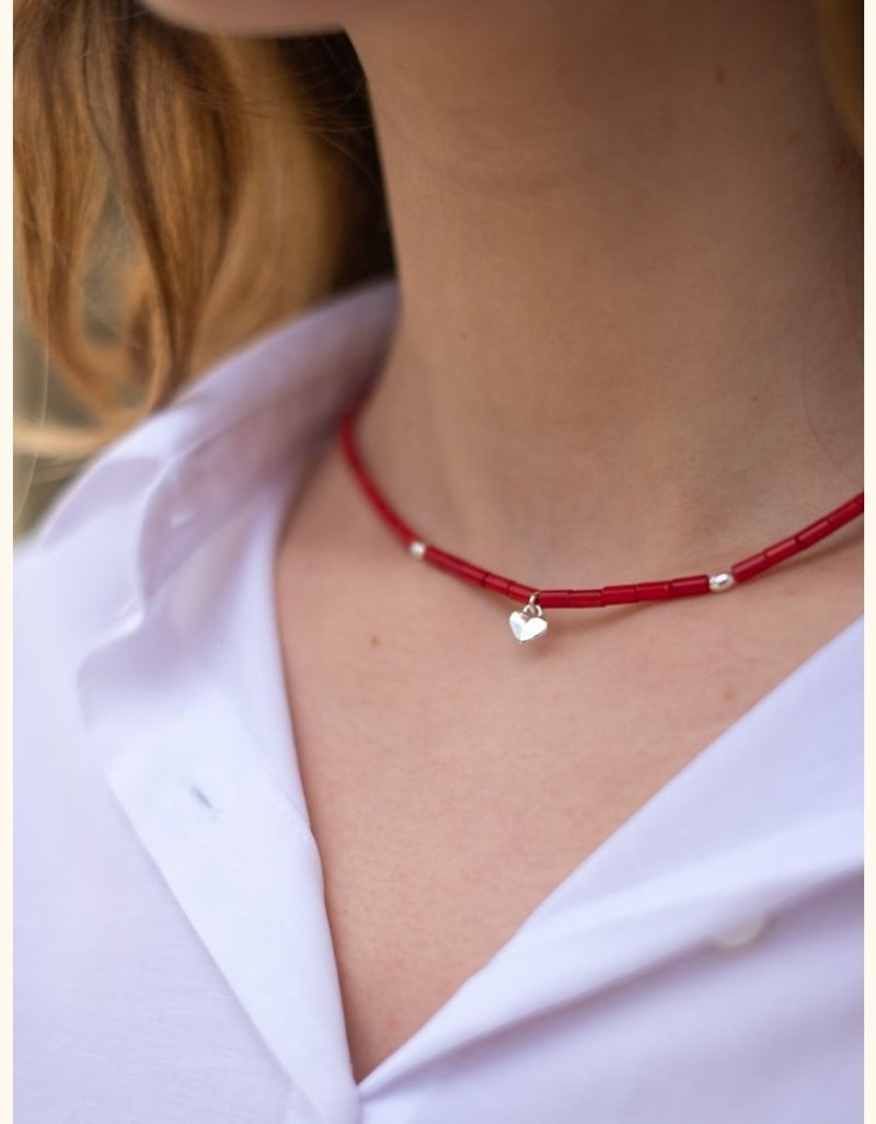 Necklace from burgundy coral, silver heart - Necklaces - Semi-Precious Stones Red