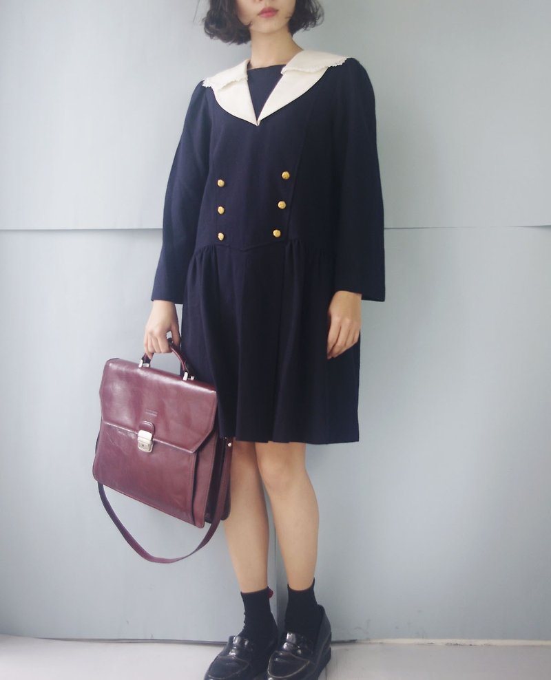 Treasure hunt vintage - dark blue and white collar Japanese students uniforms wool dress - One Piece Dresses - Wool Blue