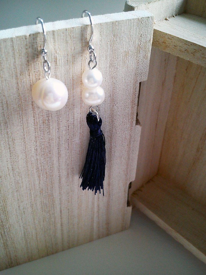Freshwater pearl own design tassel earrings_925 white fungus hook_sailor blue tassel_Long Vocation series - Earrings & Clip-ons - Other Metals Blue