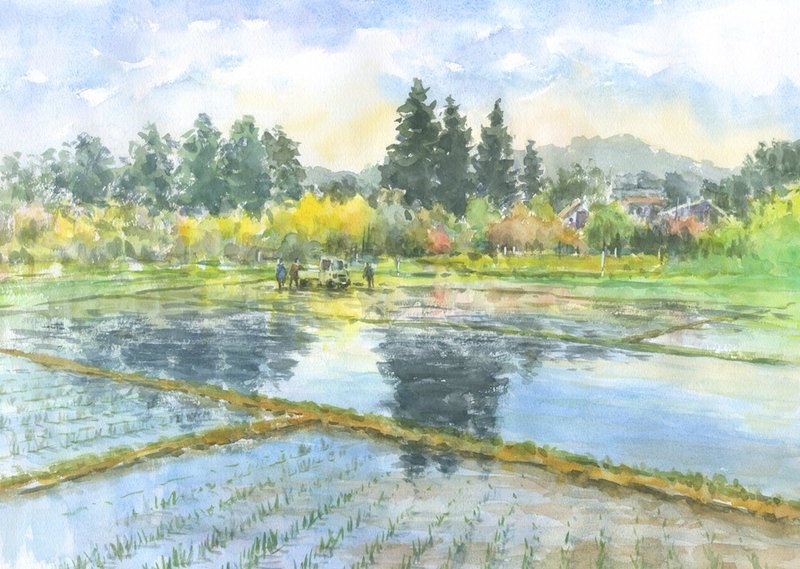 Made-to-order watercolor original picture rice planting season - โปสเตอร์ - กระดาษ สีเขียว