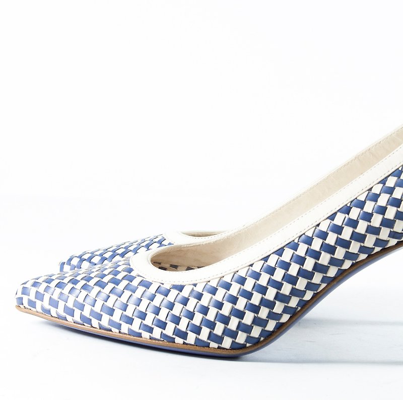 Women Two-tone Woven Leather Pump - High Heels - Genuine Leather Blue