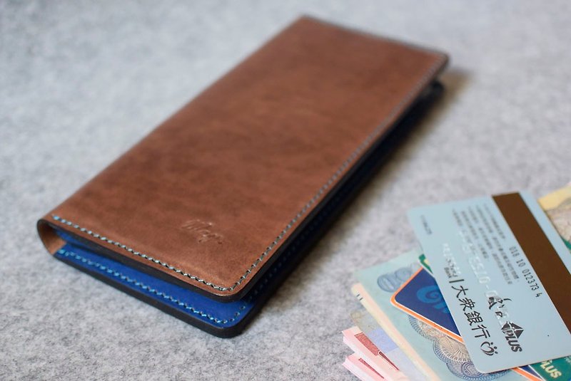 YOURS 6+ multi-card capacity bag leather long clip dark wood + blue leather - กระเป๋าสตางค์ - หนังแท้ 