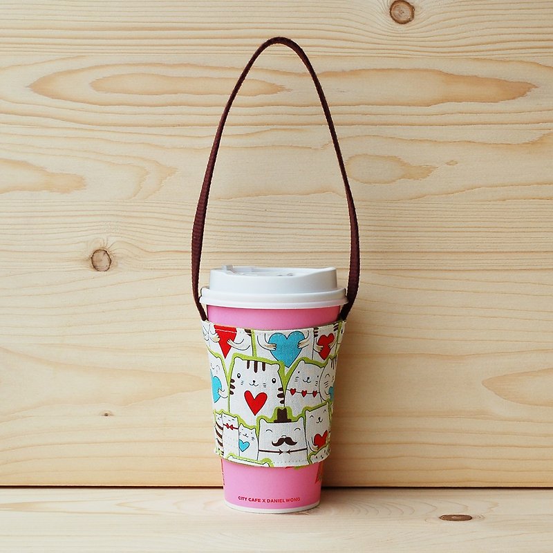 Love cat beverage bag/order - ถุงใส่กระติกนำ้ - ผ้าฝ้าย/ผ้าลินิน สีเขียว