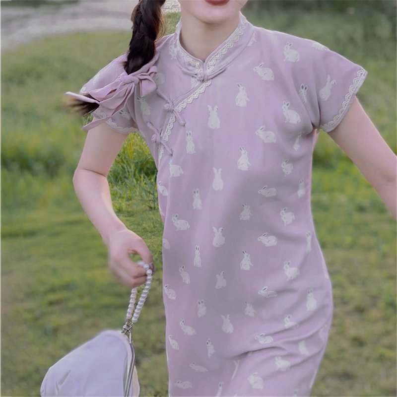 紫色印花 古法無省盤扣斜襟長款旗袍 新中式中秋春節改良連身裙洋 - 旗袍/改良式旗袍 - 其他人造纖維 紫色