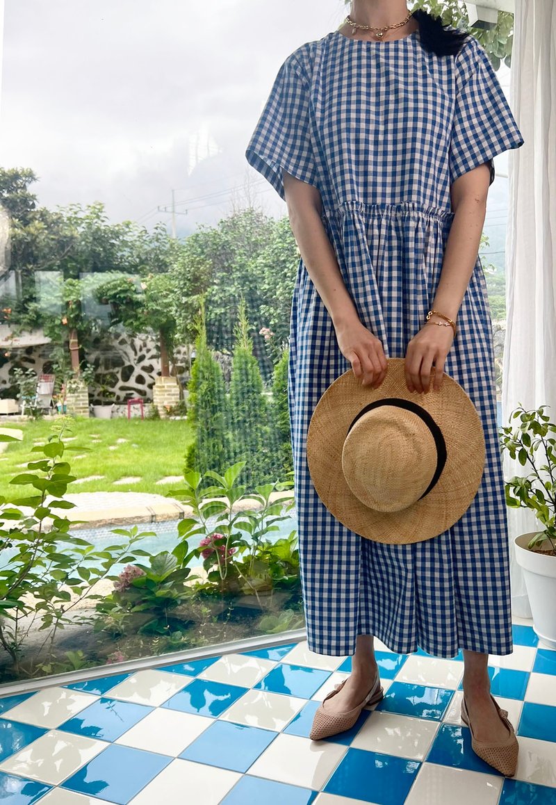 VimeVime Classic Maxi Dress - Blue Gingham - 洋裝/連身裙 - 棉．麻 藍色