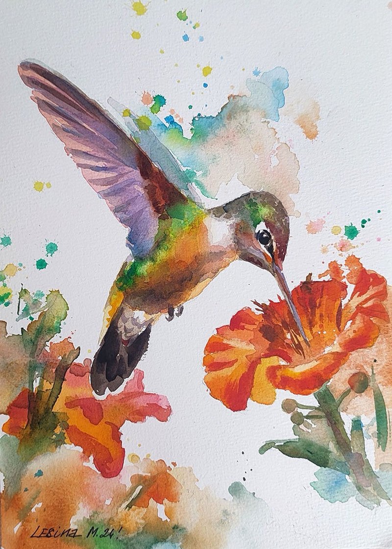 Hummingbird Watercolor Painting Bird Illustration Colorful Original Art Handmade - ตกแต่งผนัง - กระดาษ สีส้ม