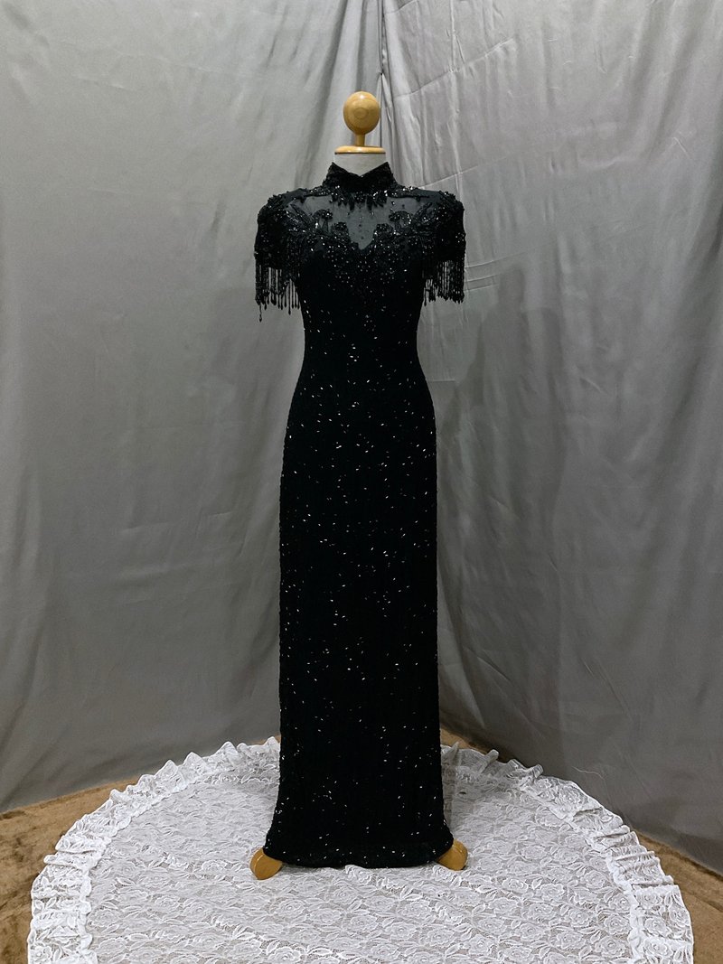 Vintage INTERLUDE CALIFORNIA Beaded black 100% silk dress - ชุดเดรส - ผ้าไหม สีดำ