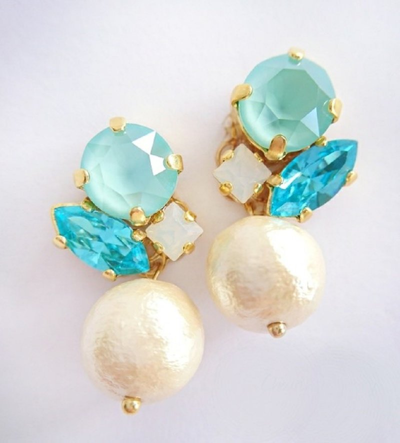 Swarovski & Pearl Clip-On, Earrings (Mint) - Earrings & Clip-ons - Crystal Green