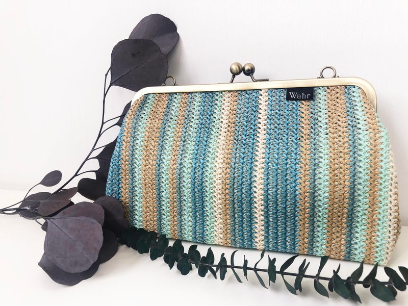 Blue lines clasp frame bag/with chain/ cosmetic bag - Clutch Bags - Cotton & Hemp Blue