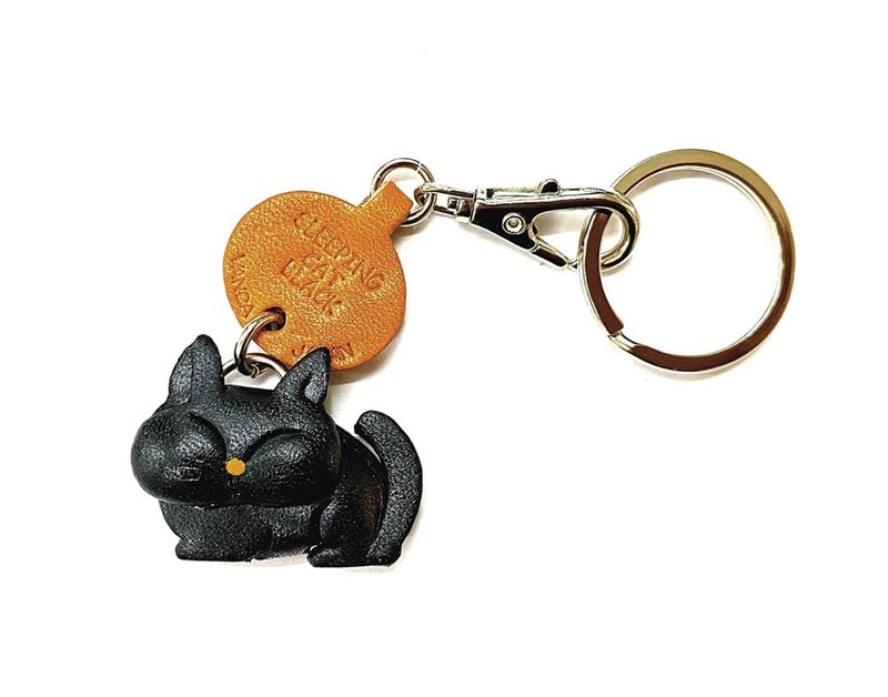 黒ねこちゃん ねむり 本革キーホルダ 日本製 バンカクラフト - 鑰匙圈/鑰匙包 - 真皮 黑色