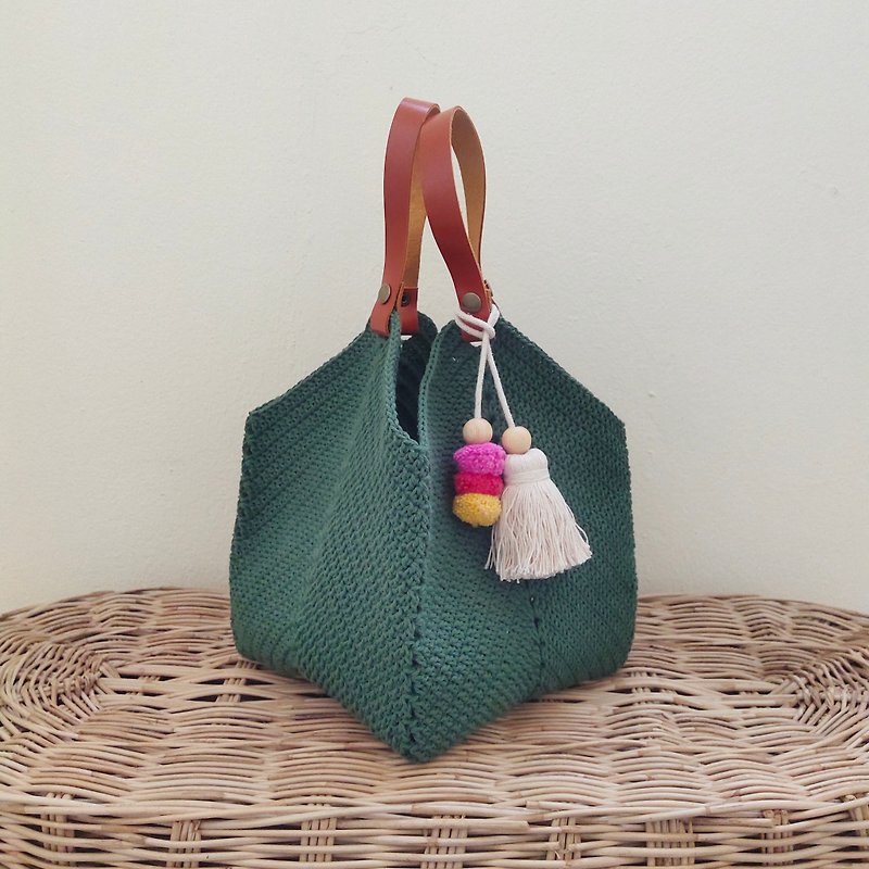 Minimal Granny Boho Bag - crochet bag from cotton yarn & genuine leather strap - Handbags & Totes - Cotton & Hemp Multicolor