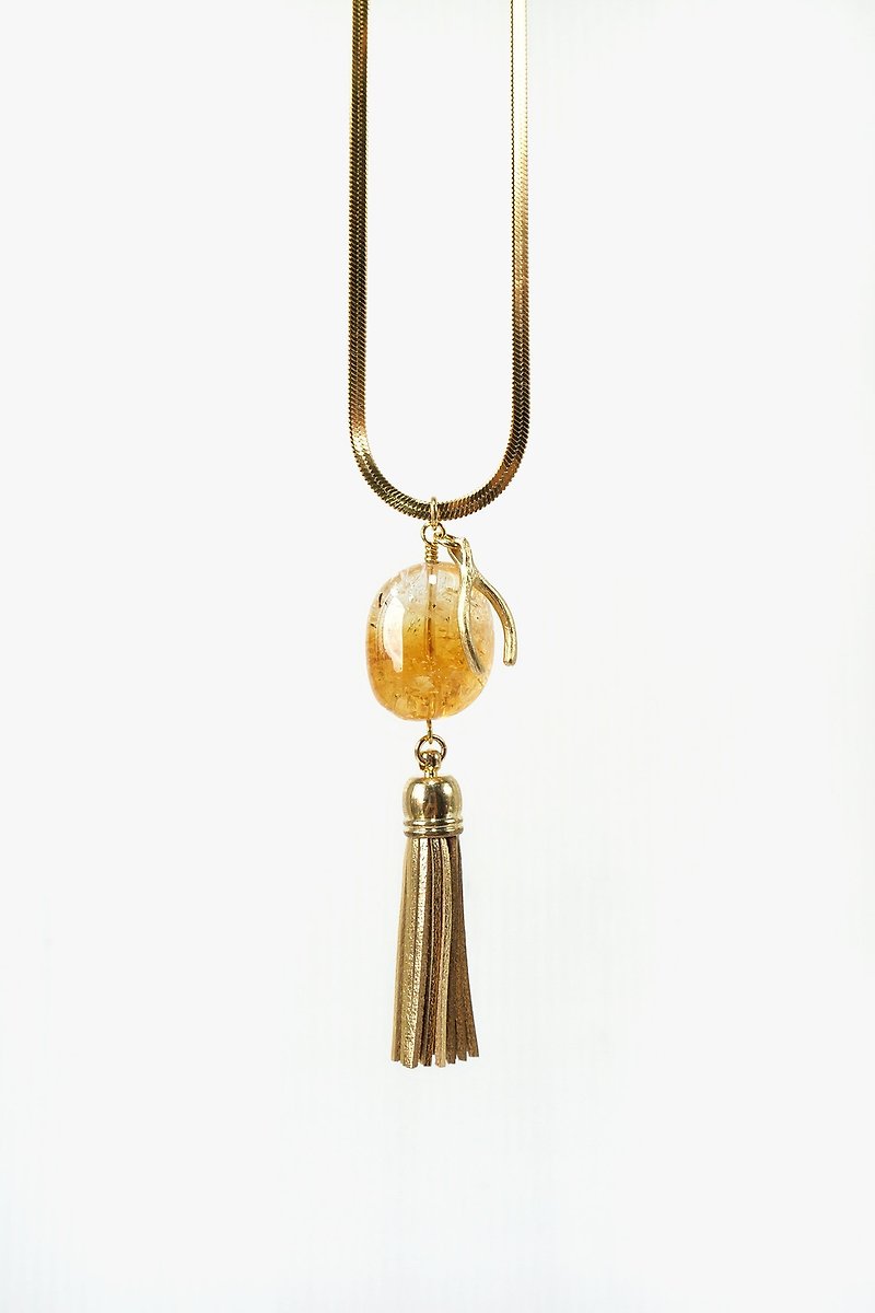 Clear Yellow Citrine Crystal Necklace with Leather Tassel and Wishbone Charm - Necklaces - Crystal Yellow