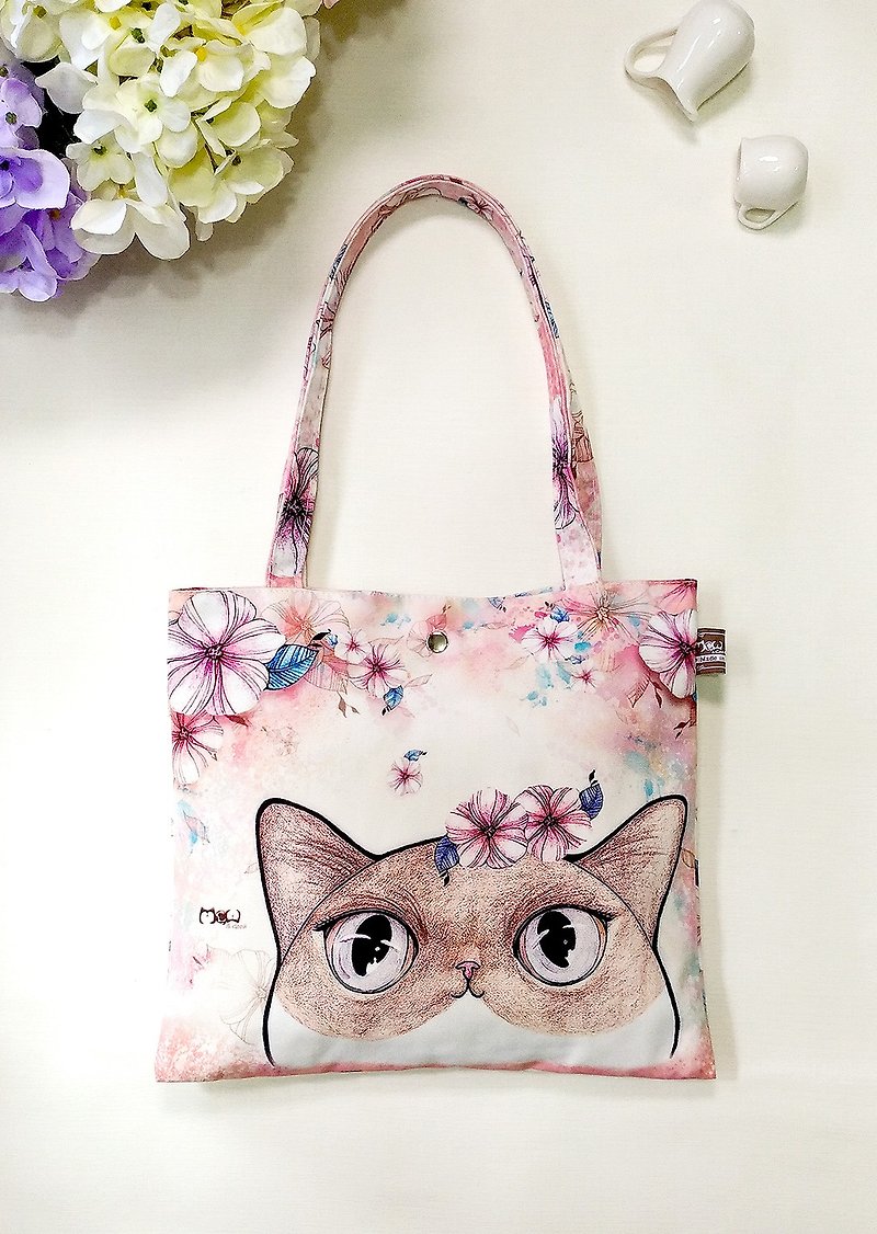 Good lightweight small bag / shopping bag / lunch bag / flower cat - Messenger Bags & Sling Bags - Cotton & Hemp Pink