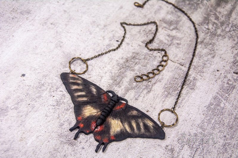 Butterfly polymer clay statement necklace bib necklace with insect - Necklaces - Plastic Multicolor