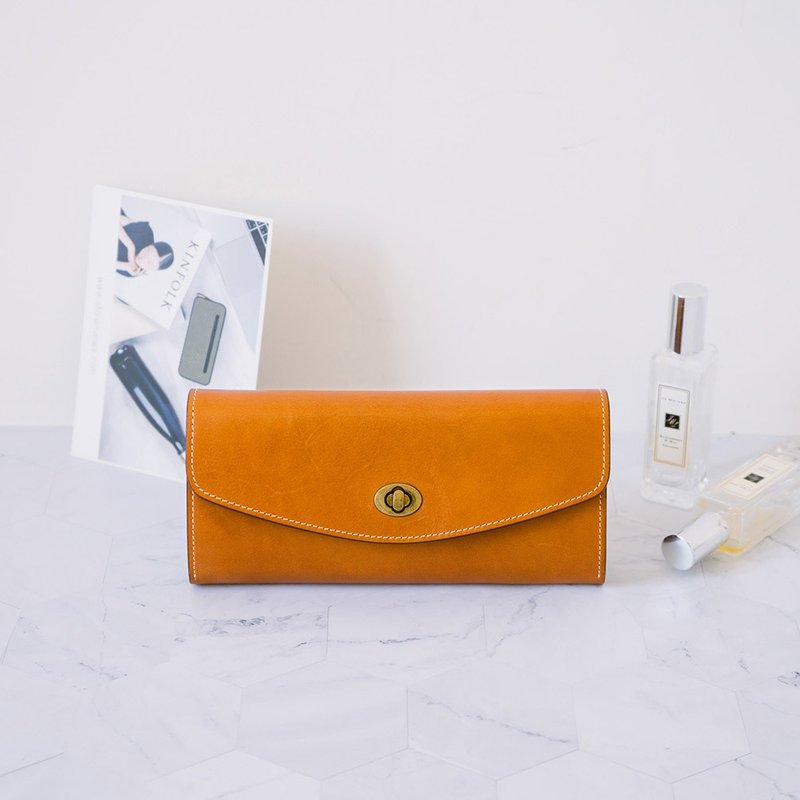 【禮盒】真皮璇扣長夾 X0166 黃棕Y - 錢包/皮夾/長短夾 - 真皮 橘色