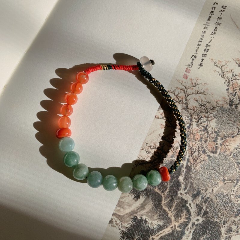 The breeze is drunk. Natural Burmese Jade Southern Red Agate Retro Braided Bracelet Gift New Year Bracelet Peace - สร้อยข้อมือ - หยก สีเขียว