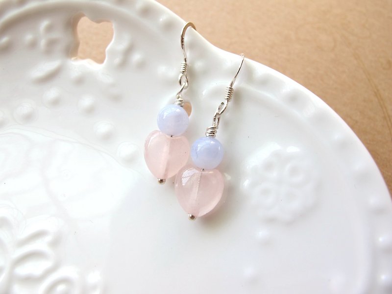 Blue Agate Powder Quartz 925 Silver Jewelry [Pink Heart Peach] Ear Hook Earrings Series - Earrings & Clip-ons - Crystal Multicolor
