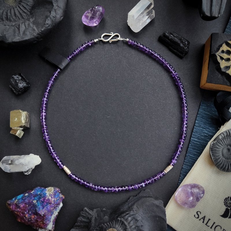 Amethyst Necklace with Karen Hill tribe Silver - สร้อยคอยาว - เครื่องประดับพลอย สีม่วง