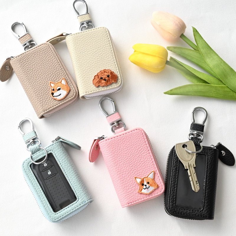 スマートキーケース シングル 【 刺繍 ワッペン 犬 】 キーケース くすみカラー アニマル ペット プレゼント A264I - 鑰匙圈/鑰匙包 - 人造皮革 粉紅色