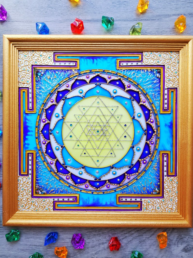 Stained glass paint Sri Yantra Vedic astrology Jyotish Mandala glass art Vastu - Wall Décor - Glass Blue