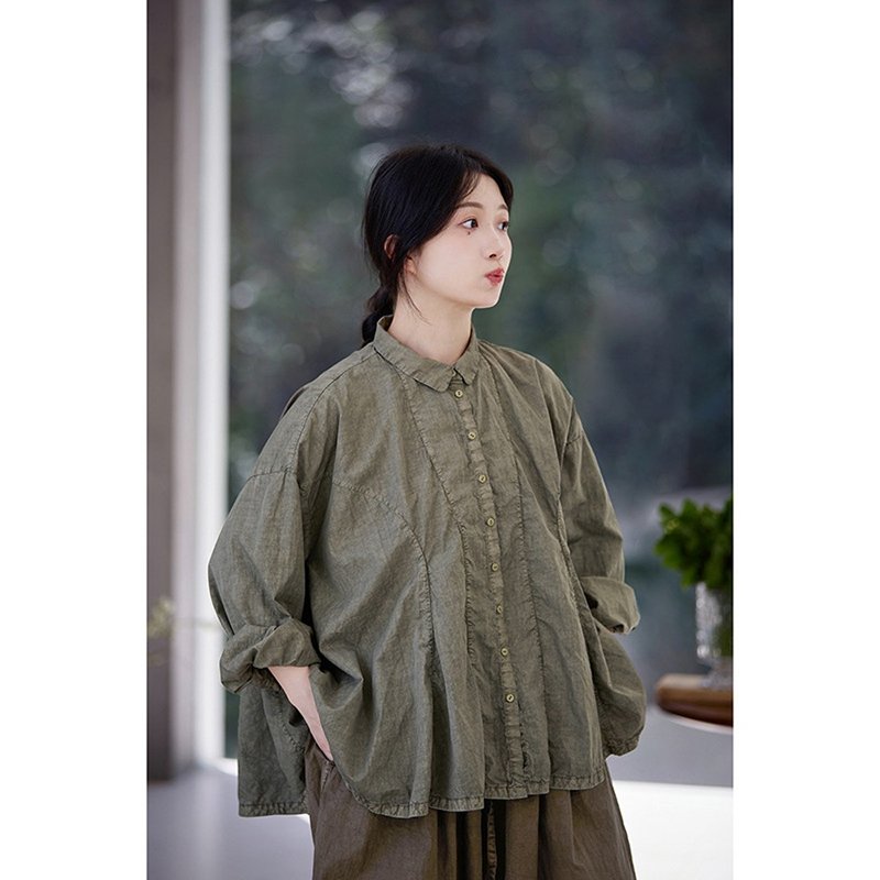 荒蕪色輕軟滑涼感棉質髒髒衫 - 女襯衫 - 棉．麻 