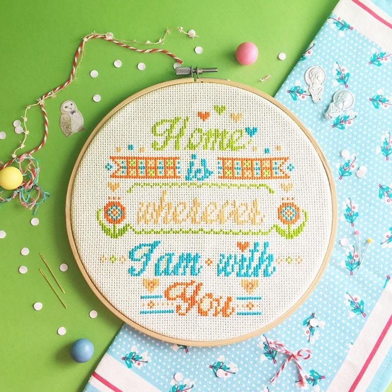 Cross Stitch KIT - Home is wherever I am with You - Knitting, Embroidery, Felted Wool & Sewing - Cotton & Hemp Orange