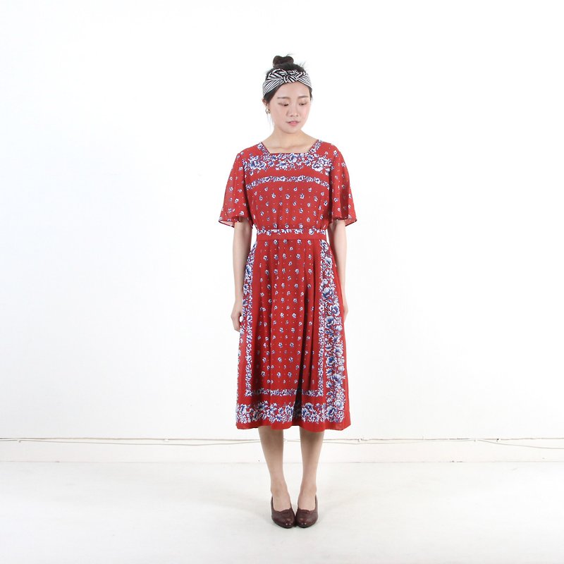(Eggs and plants vintage) sun flower print short-sleeved vintage dress - One Piece Dresses - Polyester Red