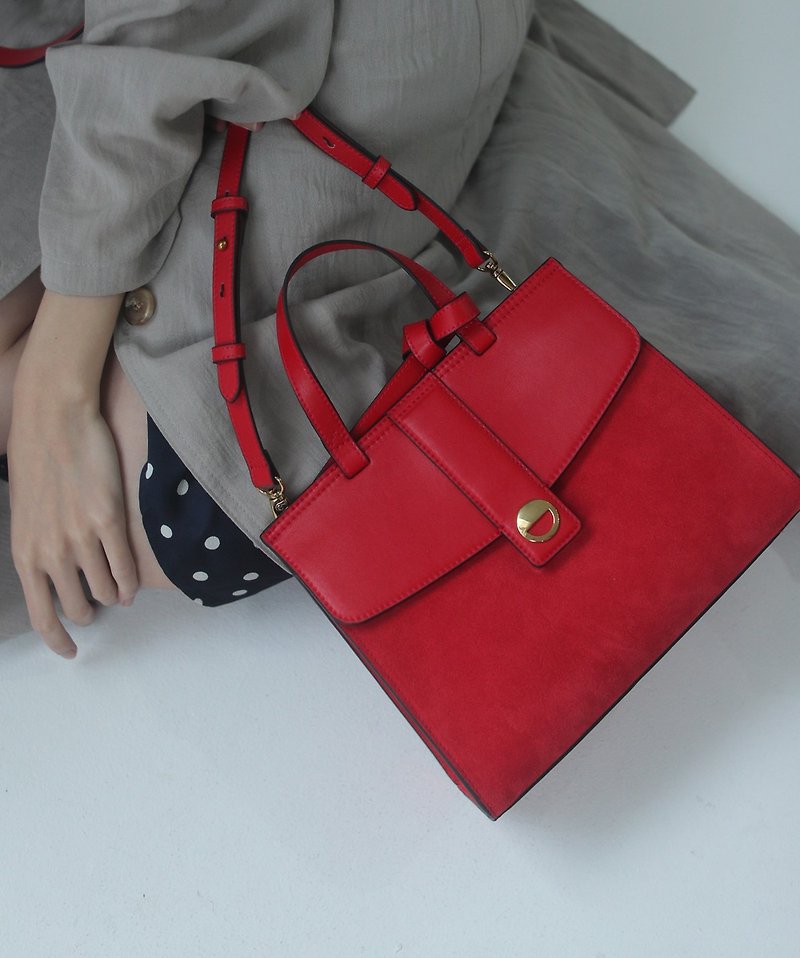 Twisted leather hand strap briefcase - pomegranate red - Clutch Bags - Genuine Leather Red