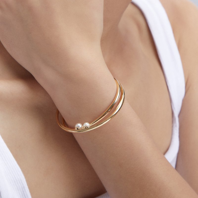 Double Satellite Bracelet 925 Silver Thick 18K Gold Plated Callisto Pearl Bangle - Bracelets - Pearl Gold