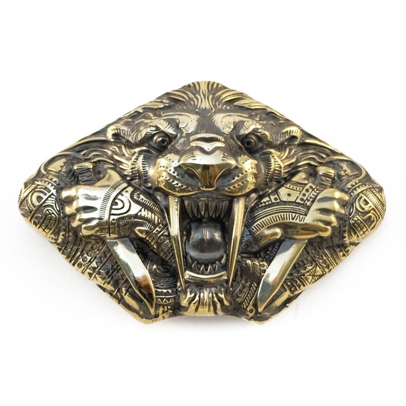 Angry Tiger soild brass belt buckle, Saber-toothed predator belt accessory - 皮帶/腰帶 - 其他材質 金色