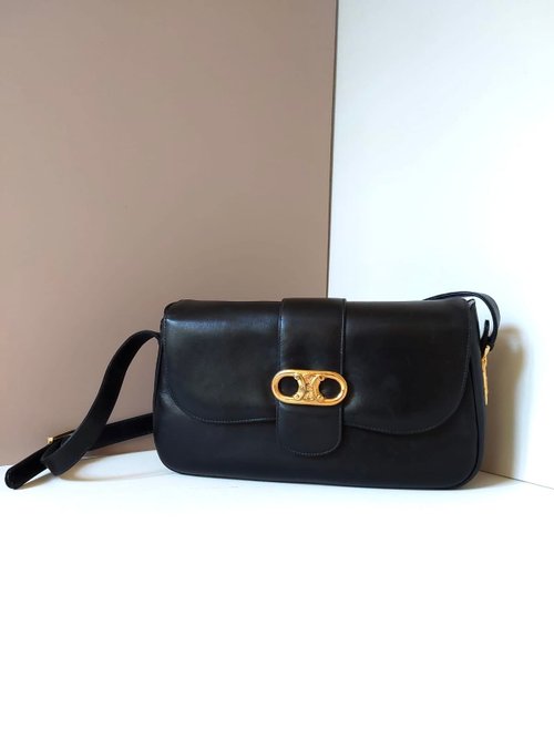 LA LUNE Vintage 日本鑑證古董品選物店 絕版古董包二手Celine凱旋門金扣馬鞍黑色皮革小包單肩側背孭手袋
