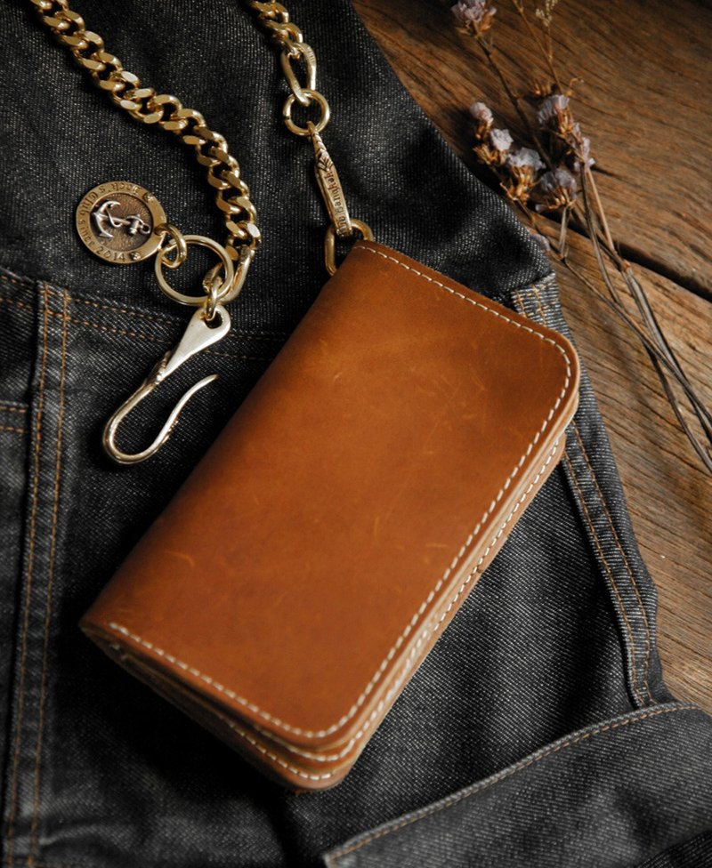 Biker long Wallet chain Genuine Leather Brown anchor Trucker Handmade Heavy men - Wallets - Genuine Leather Brown