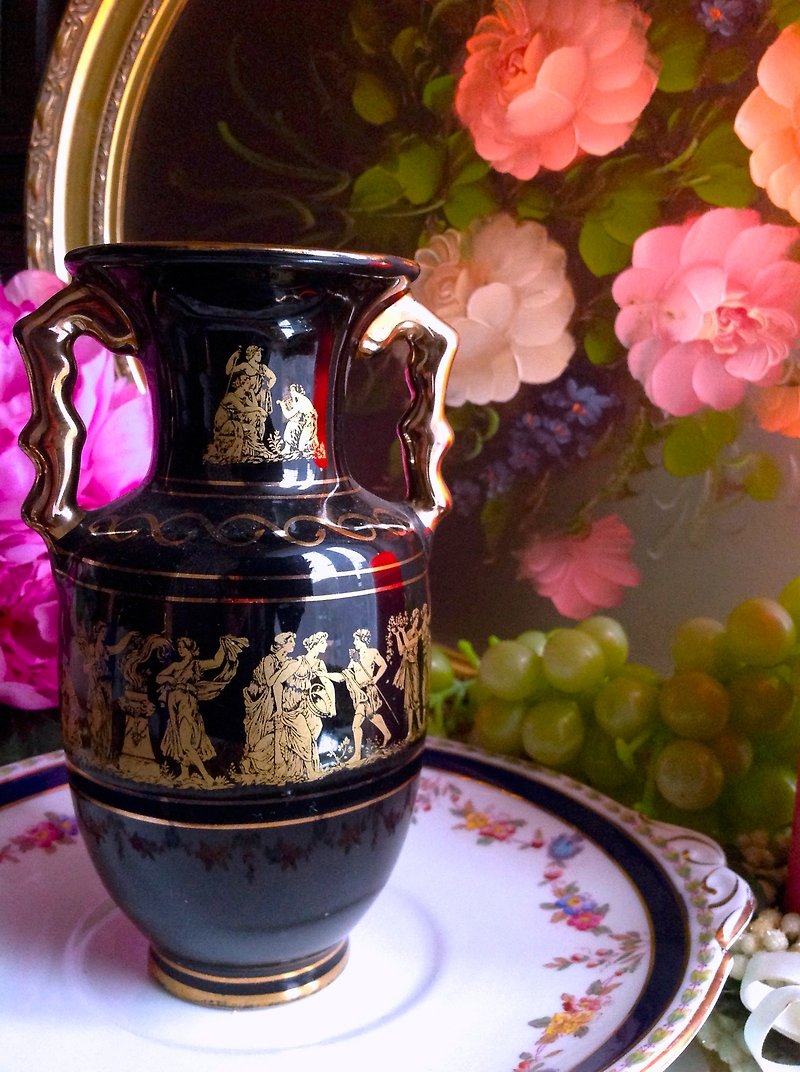 ♥♥アニーマッドギリシャの古美術品手作り24K金塗りのギリシャ神話 - トーテム花瓶の在庫 - 観葉植物 - 陶器 ブラック